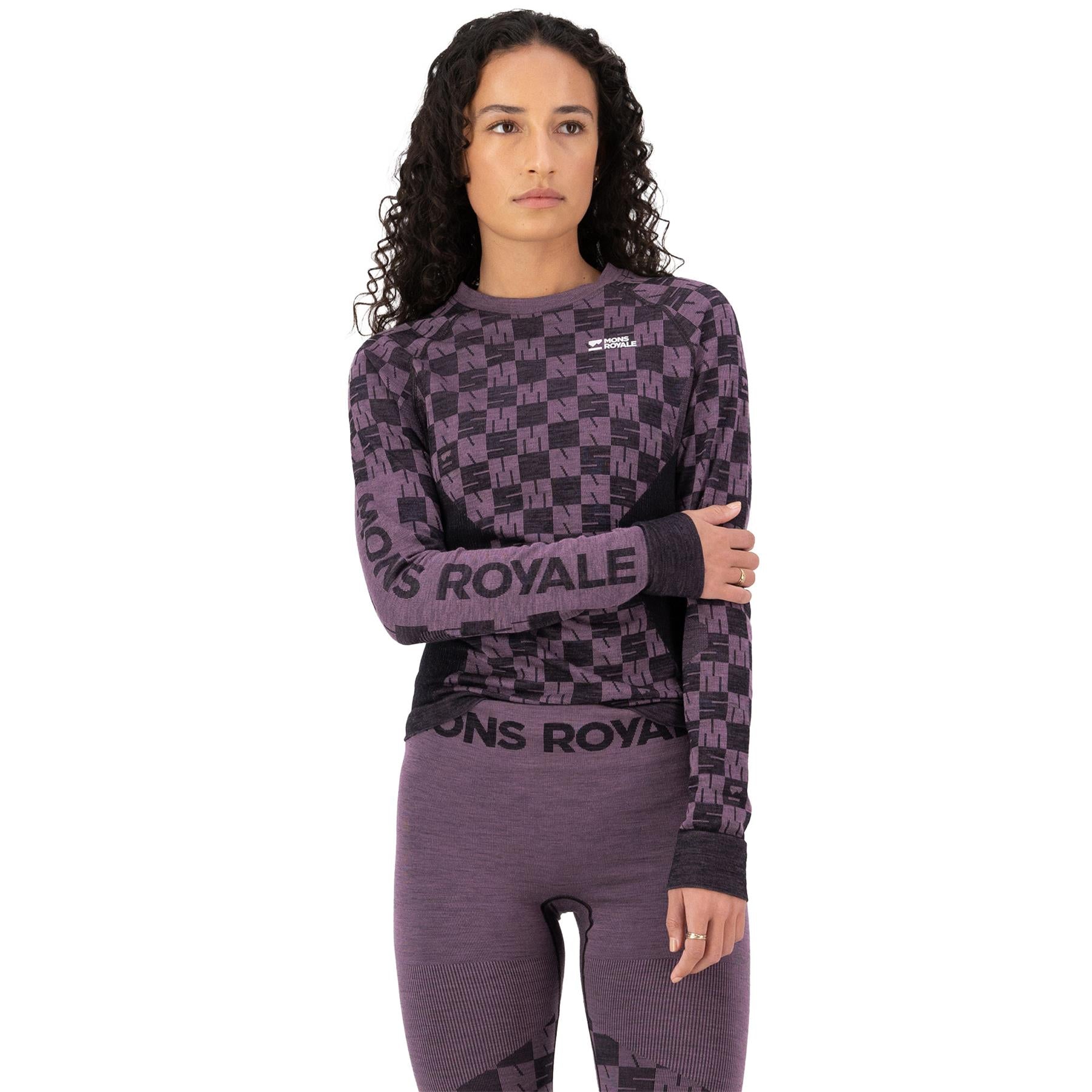 Mons Royale Womens Ascender Merino Seamless LS Thermal Top Mauve/Black