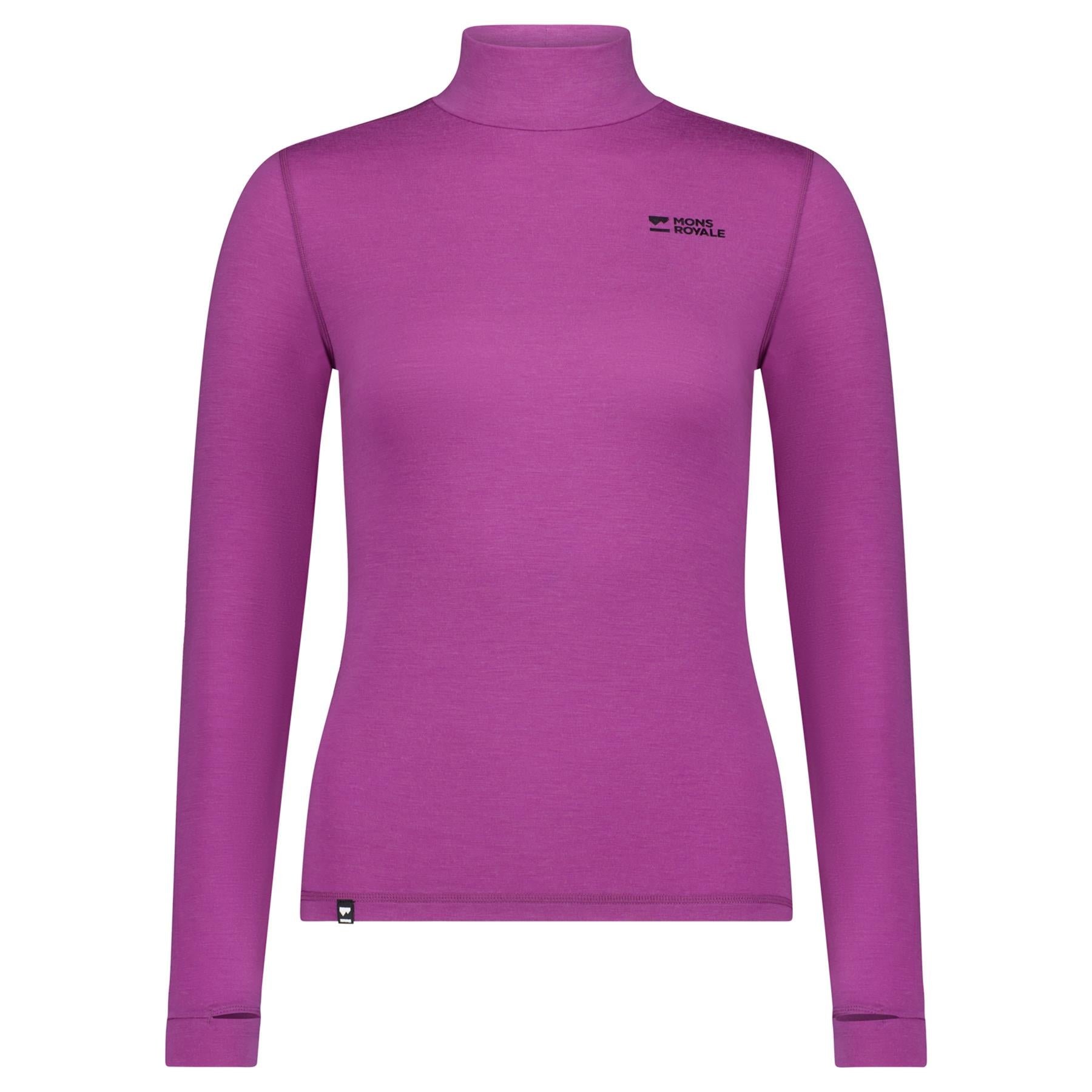 Mons Royale Womens Cascade Merino Base Layer Mock Neck LS Top Purple Bolt