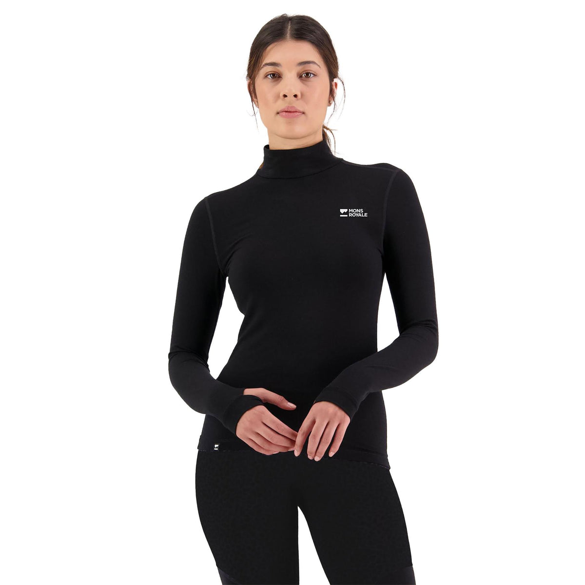 Mons Royale Womens Cascade Merino Base Layer Mock Neck LS Top Black