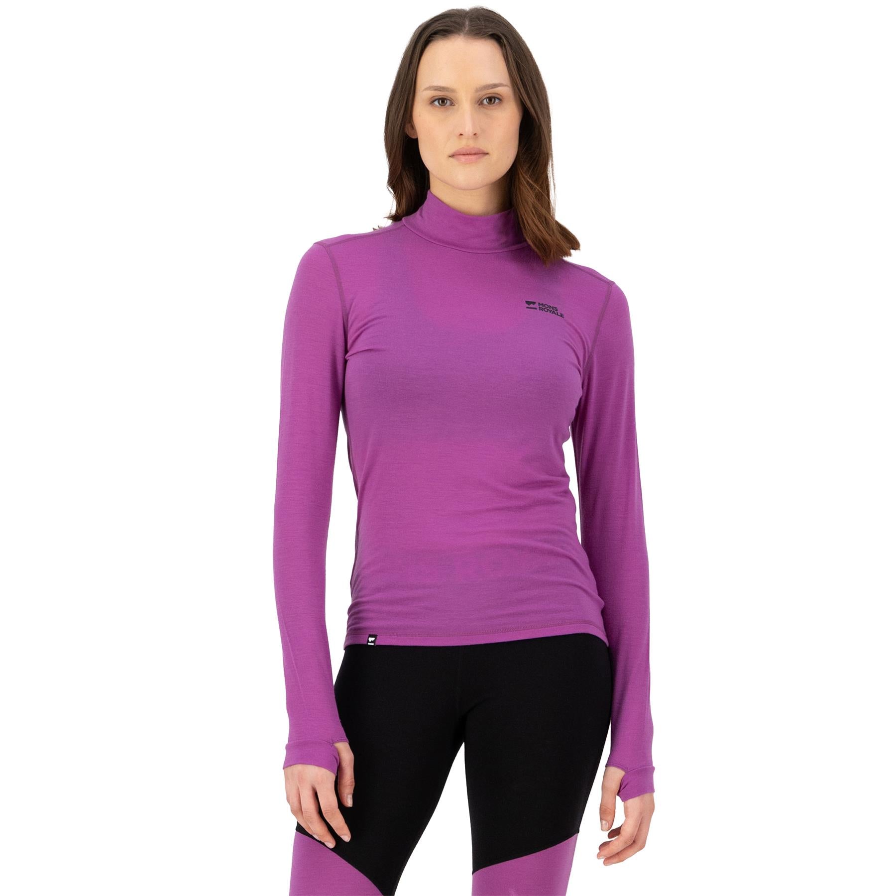 Mons Royale Womens Cascade Merino Base Layer Mock Neck LS Top Purple Bolt