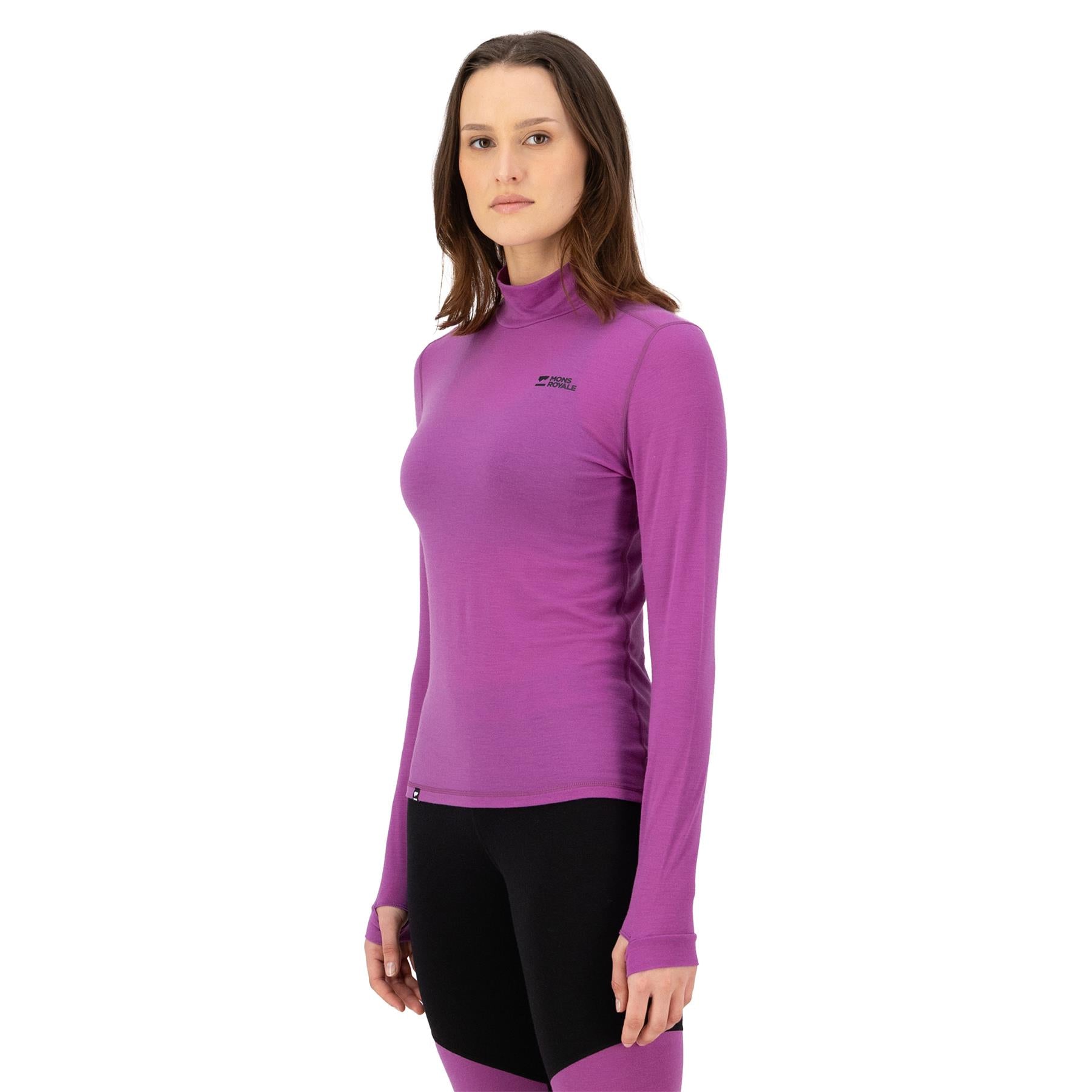 Mons Royale Womens Cascade Merino Base Layer Mock Neck LS Top Purple Bolt