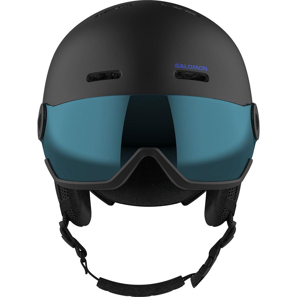 Salomon Orka Visor Kids Ski + Snowboard Helmet Black - Universal Flash Blue Lens