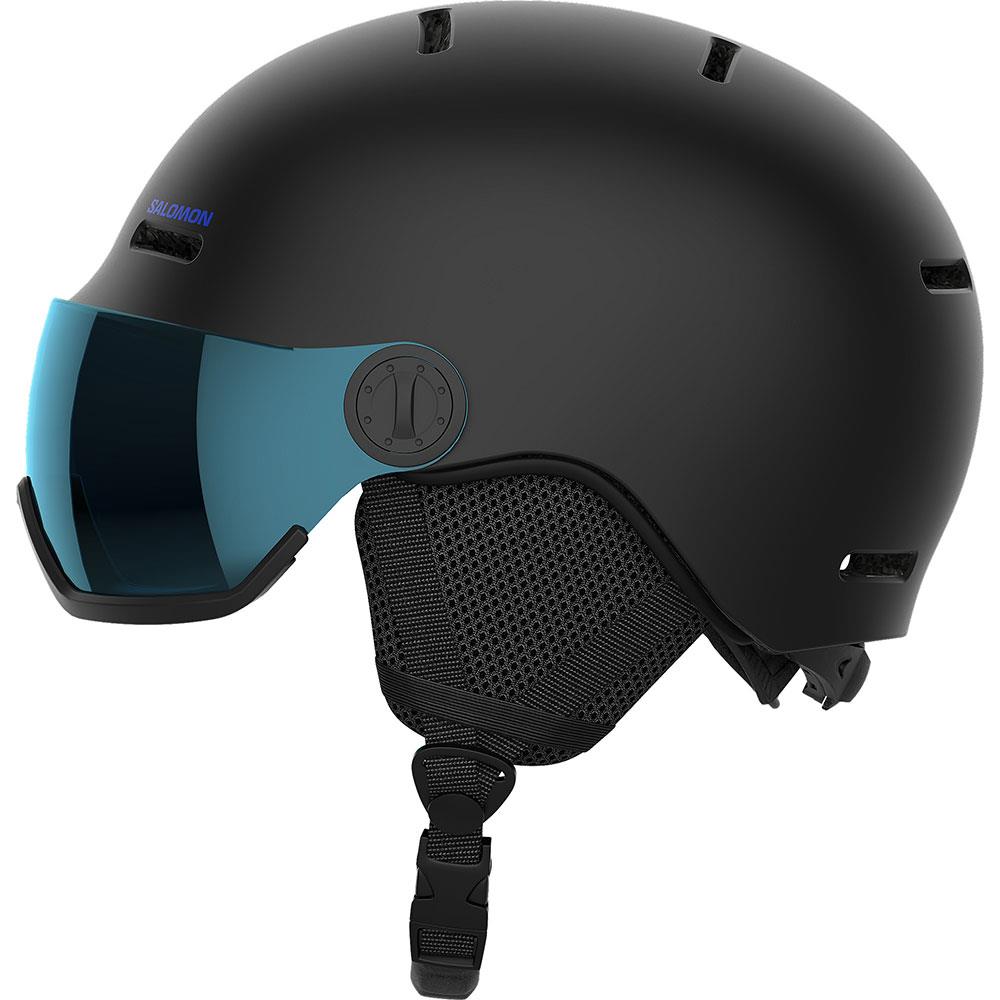 Salomon Orka Visor Kids Ski + Snowboard Helmet Black - Universal Flash Blue Lens